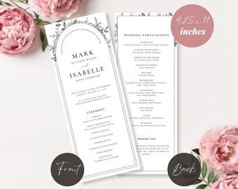Könnte beinhalten: Ein Programm für eine Hochzeitszeremonie mit floralem Design und schwarzem Text auf weißem Papier. Das Programm listet die Hochzeitsteilnehmer auf, darunter den Geistlichen, Brautjungfern, Trauzeugen und Musiker. Das Programm ist 10,8 cm x 27,9 cm groß.