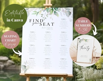 Eucalyptus Seating Chart Wedding Table Numbers Template Bundle, Large Seating Chart Greenery Table Number, Printable Guest Seating Chart