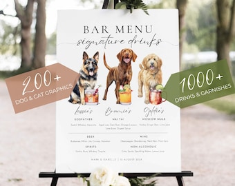 Signature Drink Sign with Dog, Bar Menu Template with Watercolor Drinks, Pet Drink Sign Wedding, DIY Custom Wedding Cocktails Printable Sign