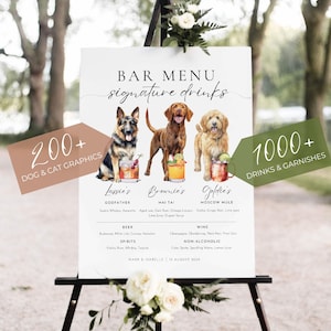 Signatur-Getränkeschild mit Hund, Bar-Menüvorlage mit Aquarell-Getränken, Haustier-Getränkeschild Hochzeit, DIY Custom Wedding Cocktails Druckbares Schild