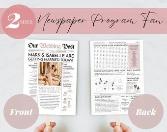 Printable Newspaper Wedding Program Fan Template, Wedding Newspaper, Newlywed Times Fun Wedding Infographic Program with Wedding Word Search