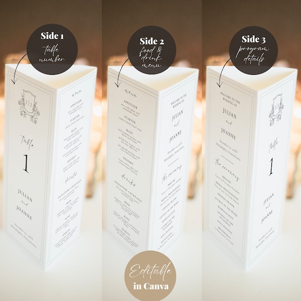 Numéro de table à trois volets de mariage, menu de boissons du menu de mariage, programme de cérémonie de mariage, numéros de table de mariage élégants personnalisables avec écusson monogramme