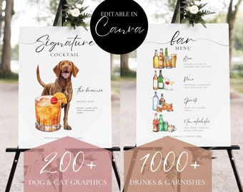 Signature Drink Sign with Dog, Bar Menu Template with Watercolor Drinks, Pet Drink Sign Wedding, DIY Custom Wedding Cocktails Printable Sign