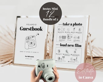 Instax Mini 12 Instructions and Camera Guestbook Sign Bundle, Polaroid Instructions How to Take a Photo, How to Load New Film, Wedding Sign