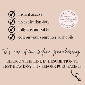 Puede incluir: Gr&aacute;fico beige claro con texto negro y marcas de verificaci&oacute;n. El texto incluye "acceso instant&aacute;neo", "sin fecha de caducidad", "totalmente personalizable" y "edita en tu ordenador o m&oacute;vil". La imagen tambi&eacute;n presenta un logotipo y la frase "&iexcl;Prueba nuestra demo antes de comprar!"