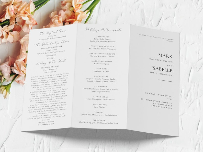 Printable Trifold Catholic Wedding Mass Program minimalistic elegant including wedding participants, the Nuptial Mass, the Introductory Rites, Liturgy of the Word, the Rite of Marriage, the Liturgy of the Eucharist and the Communion Rite