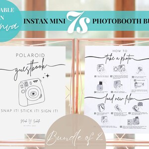 May include: A printable photo booth sign bundle for a wedding or other event. The signs are in a modern minimalist style with a rose gold frame. The first sign says "Polaroid Guestbook" with a simple illustration of an instant camera. The second sign says "How to take a photo" and includes instructions for using an instant camera.