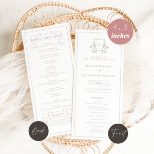 Può includere: Un programma per una cerimonia di matrimonio con sfondo bianco e testo nero. Il programma include i nomi degli sposi, Julian Wilson e Joanne Thompson, la data del matrimonio, il 22 agosto, e la location, la Chiesa di Sant'Agostino a Philadelphia, Pennsylvania. Il programma include anche l'ordine della cerimonia, che comprende un preludio, un corteo nuziale, una preghiera di apertura, la liturgia della parola, il rito matrimoniale, la liturgia eucaristica, la benedizione finale e l'uscita.