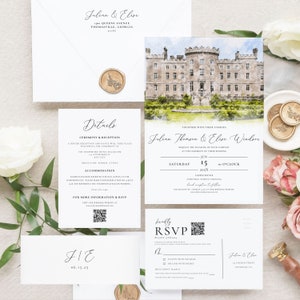 Custom Watercolor Venue Painting Wedding Invitation Suite, Bespoke Watercolor Wedding Venue Illustration on Wedding Invite Details RSVP Card