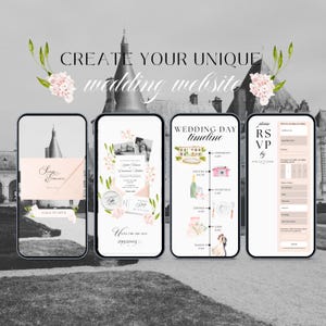 以下が含まれることがあります： スマートフォンに表示されるデジタル結婚式ウェブサイトのコンセプト。デザインは城の背景、花のアクセント、そして「CREATE YOUR UNIQUE wedding website」というテキストが特徴です。画面には結婚式の詳細、タイムライン、RSVP情報が表示されます。