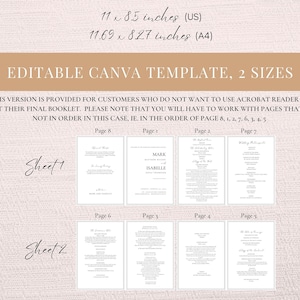 Puede incluir: Una plantilla digital para un folleto de boda con el texto "EDITABLE CANVA TEMPLATE, 2 SIZES". La plantilla est&aacute; disponible en dos tama&ntilde;os: 27,94 x 21,59 cm (US) y 29,69 x 21,01 cm (A4). Las p&aacute;ginas del folleto se muestran en una cuadr&iacute;cula.