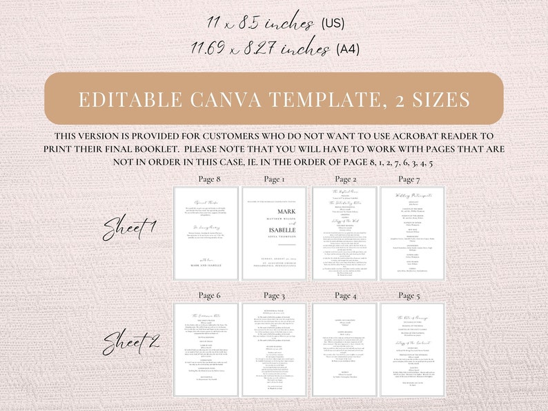 Puede incluir: Una plantilla digital para un folleto de boda con el texto "EDITABLE CANVA TEMPLATE, 2 SIZES". La plantilla est&aacute; disponible en dos tama&ntilde;os: 27,94 x 21,59 cm (US) y 29,69 x 21,01 cm (A4). Las p&aacute;ginas del folleto se muestran en una cuadr&iacute;cula.