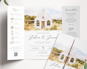 Gatefold Custom Watercolor Venue Painting Wedding Invitation Card, Bespoke Watercolor Wedding Venue Illustration Wedding Invite Details RSVP