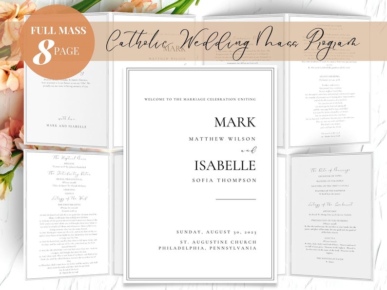 Puede incluir: Un programa de misa de boda cat&oacute;lica de 8 p&aacute;ginas. El programa presenta los nombres de Mark e Isabelle, junto con la fecha y el lugar de la boda. El dise&ntilde;o es minimalista con texto negro sobre fondo blanco.