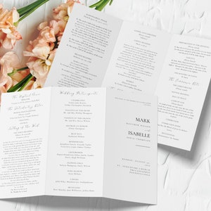 Printable Trifold Catholic Wedding Mass Program minimalistic elegant including wedding participants, the Nuptial Mass, the Introductory Rites, Liturgy of the Word, the Rite of Marriage, the Liturgy of the Eucharist and the Communion Rite