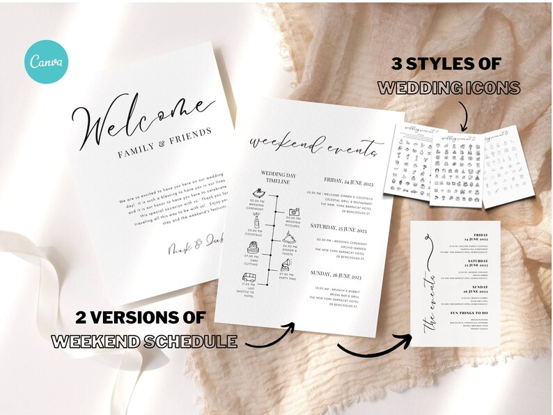 Welcome Bag Note, Wedding Weekend Timeline Template, Day of Wedding Timeline Infographic Wedding Reception Timeline Welcome Bag Insert image 2