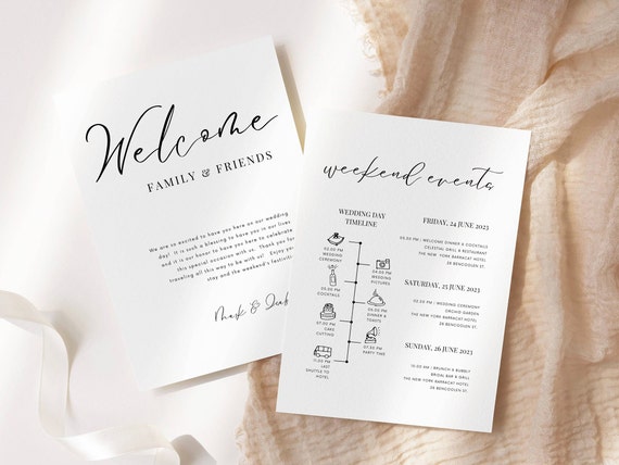 Welcome Bag Note, Wedding Weekend Timeline Template, Day of Wedding Timeline Infographic Wedding Reception Timeline Welcome Bag Insert