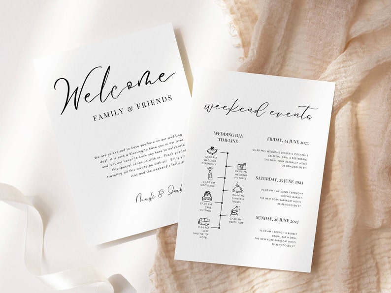 Welcome Bag Note, Wedding Weekend Timeline Template, Day of Wedding Timeline Infographic Wedding Reception Timeline Welcome Bag Insert image 1