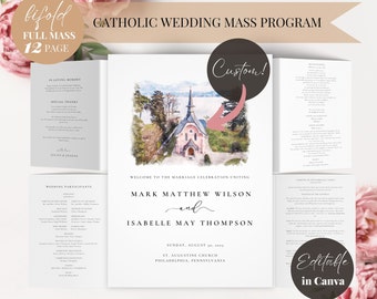 12-Page Bifold Catholic Wedding Program Template Custom Watercolor Church Venue Catholic Wedding Mass Program Booklet, Catholic Liturgy