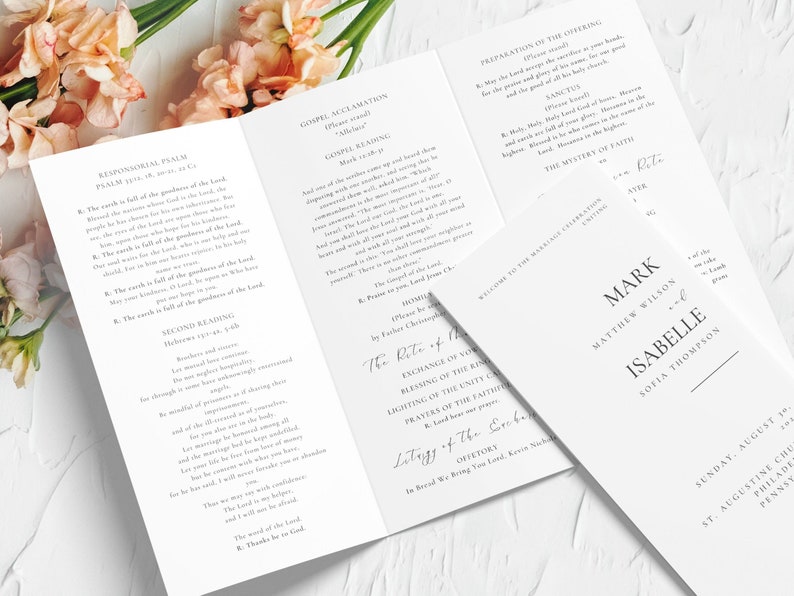 Printable Trifold Catholic Wedding Mass Program minimalistic elegant including wedding participants, the Nuptial Mass, the Introductory Rites, Liturgy of the Word, the Rite of Marriage, the Liturgy of the Eucharist and the Communion Rite