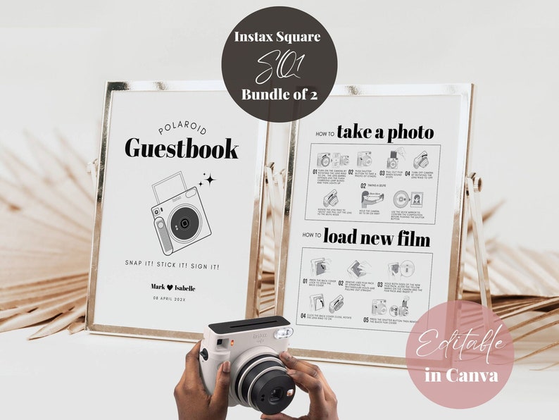 Instax Square SQ1 Instructions and Camera Guestbook Sign Bundle, Polaroid Instructions How to Take a Photo How to Load New Film Wedding Sign image 2