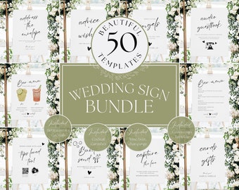 50 Minimalist Wedding Reception Sign Bundle Template Boho Wedding, Wedding Signs Bundle, Printable Editable Modern Wedding Sign Package