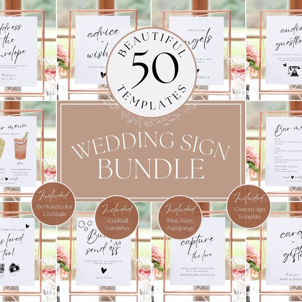 50 Minimalist Wedding Signs Bundle, Modern Wedding Sign Package, Printable Editable Wedding Reception Sign Bundle Template Boho Wedding