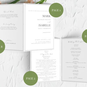 Puede incluir: Un programa de boda blanco con texto negro. El programa est&aacute; abierto, mostrando varias p&aacute;ginas con texto, incluyendo nombres, fechas y detalles del evento. El programa tiene un dise&ntilde;o simple y elegante.