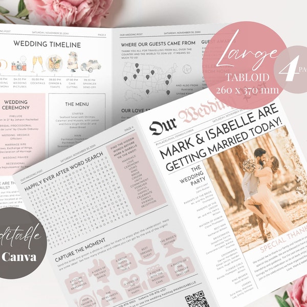 Printable Large Wedding Newspaper Template, Editable Newlywed Times Fun Wedding Program, Unique Infographic Program Folded Newspaper Canva