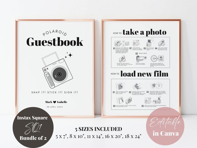 Instax Square SQ1 Instructions and Camera Guestbook Sign Bundle, Polaroid Instructions How to Take a Photo How to Load New Film Wedding Sign image 3