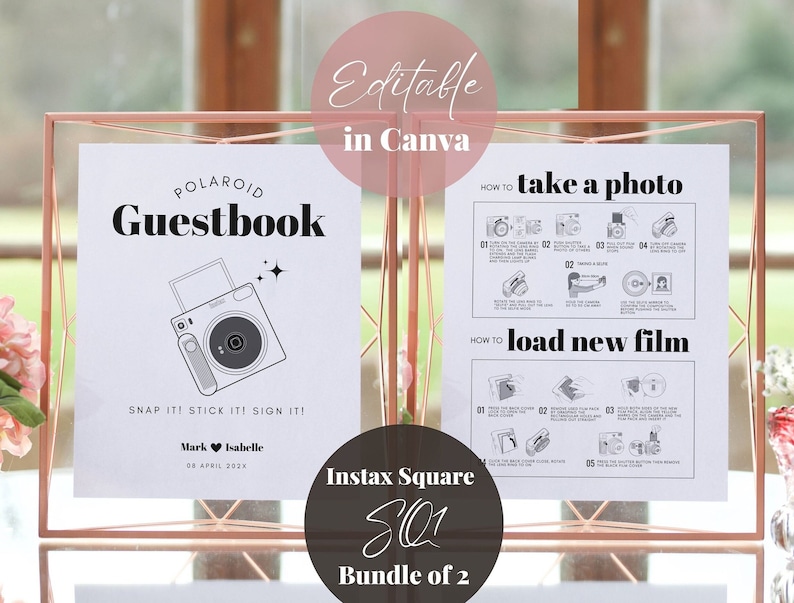 Instax Square SQ1 Instructions and Camera Guestbook Sign Bundle, Polaroid Instructions How to Take a Photo How to Load New Film Wedding Sign image 1