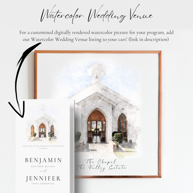 Custom Digital Watercolor Venue Painting Infographic/Catholic Wedding Program, Watercolor Wedding Venue Illustration, Bespoke Wedding Venue image 4