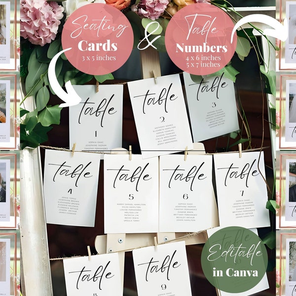 Seating Chart Cards Wedding Table Numbers with Photos Template Bundle, Photo Table Number Picture, Guest Seating Chart Template Printable