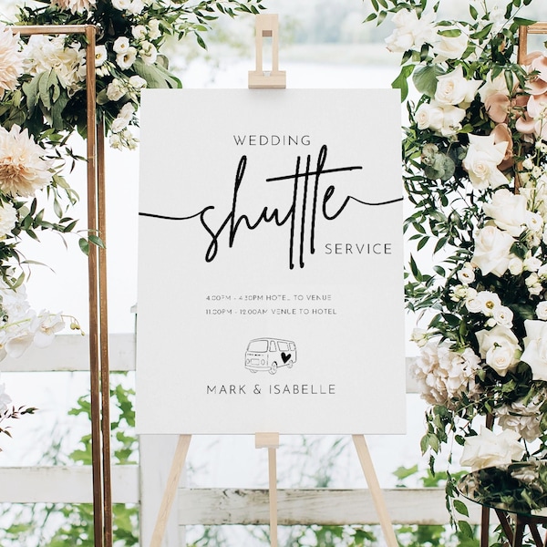 Shuttle Service Wedding Sign Printable Wedding Shuttle Sign with Shuttle Bus Schedule, Minimalist Customisable Sign Bus Timings, Canva