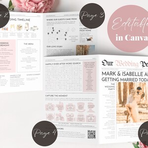May include: A printable wedding newspaper template with a pink and black color scheme. The template includes a wedding timeline, ceremony details, menu, guest map, word search, photo booth ideas, and a special thank you section. The text on the front page reads "Our Wedding Post Mark & Isabelle Are Getting Married Today!"