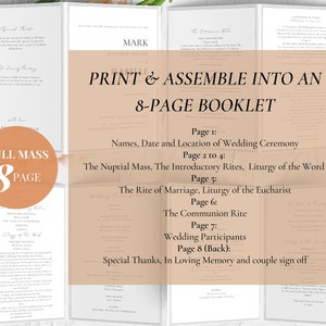 Puede incluir: Un folleto de boda de 8 p&aacute;ginas con fondo crema y texto negro. El folleto incluye los nombres, la fecha y el lugar de la ceremonia de boda, la misa nupcial y el rito del matrimonio. El texto dice "PRINT & ASSEMBLE INTO AN 8-PAGE BOOKLET."
