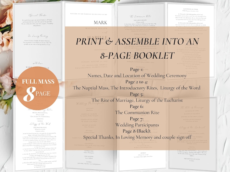 Puede incluir: Un folleto de boda de 8 p&aacute;ginas con fondo crema y texto negro. El folleto incluye los nombres, la fecha y el lugar de la ceremonia de boda, la misa nupcial y el rito del matrimonio. El texto dice "PRINT & ASSEMBLE INTO AN 8-PAGE BOOKLET."