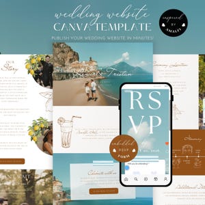 Könnte beinhalten: Eine Canva-Vorlage für eine Hochzeitswebsite mit Küstenmotiv. Das Design umfasst ein Handy-Mockup, das ein RSVP-Formular anzeigt, zusammen mit verschiedenen Layouts von Webseiten. Der Text enthält "wedding website Canva template" und "RSVP".