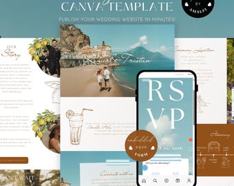 Destination Beach Wedding Website with Wedding Countdown RSVP Canva Template Editable Digital Wedding Invitation Details Save the Date
