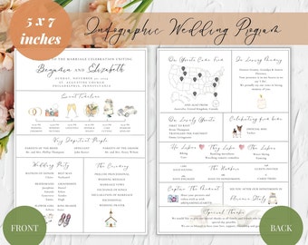 Wedding Infographic Program Template, Infographic Wedding Ceremony Program, Wedding Day Timeline Program Card, Modern Unique Church Program