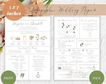 Wedding Infographic Program Template, Infographic Wedding Ceremony Program, Wedding Day Timeline Program Card, Modern Unique Church Program