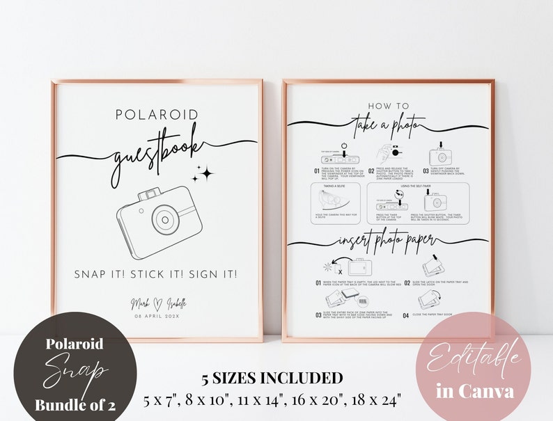 Editable Polaroid Snap Instruction and Camera Guestbook Sign Bundle, Polaroid Snap Camera Instruction How to Take a Photo Load New Film image 2