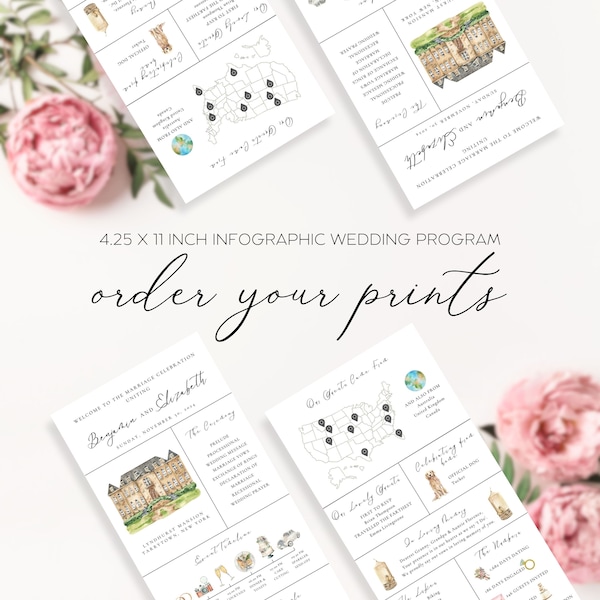 Printing Service for Infographic Wedding Program Template, Modern Unique Church Wedding Ceremony Program, Wedding Day Timeline Program Card