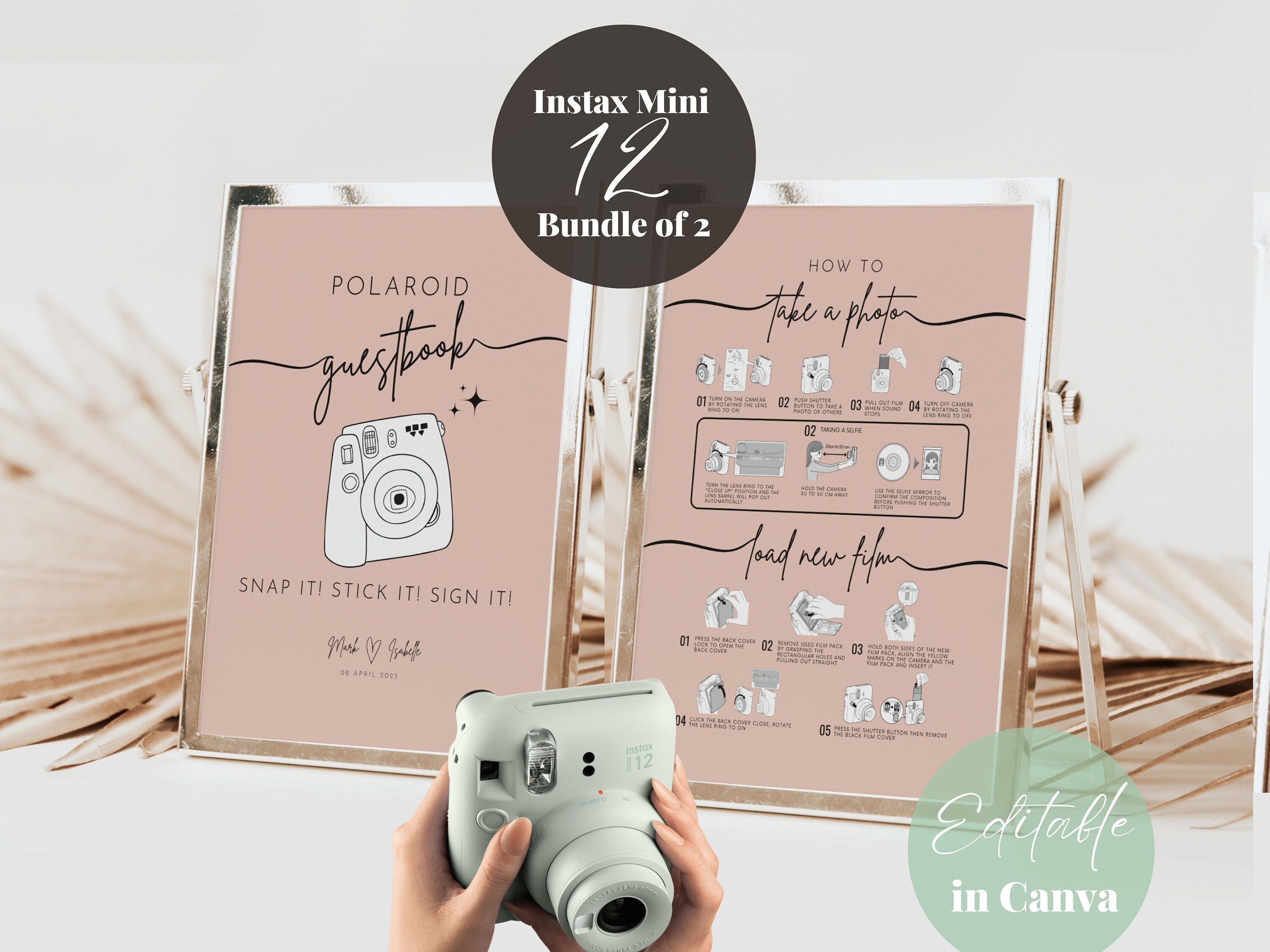 Polaroid Camera How to Load New Film Instructions and Photo Guestbook Signs, Instax Mini 12 Editable Wedding Guest Book Sign