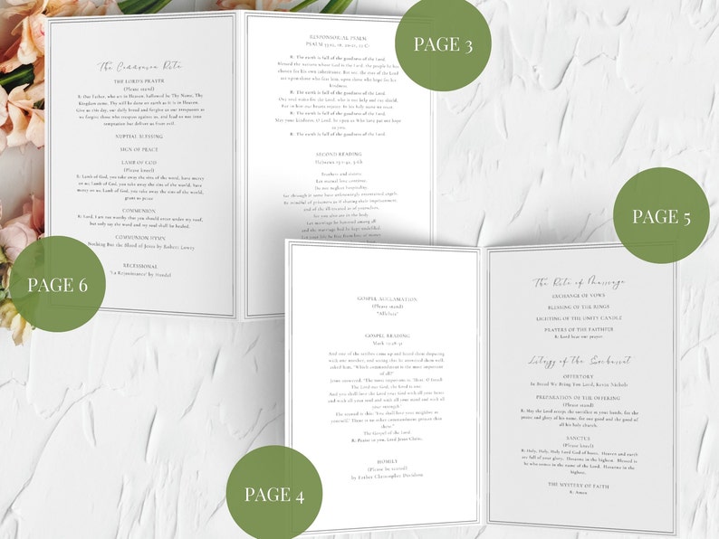 Puede incluir: Un programa de boda con texto en papel blanco, con un dise&ntilde;o cl&aacute;sico. El programa se muestra abierto, mostrando varias p&aacute;ginas con tipograf&iacute;a elegante y un dise&ntilde;o formal. C&iacute;rculos verdes indican los n&uacute;meros de p&aacute;gina.