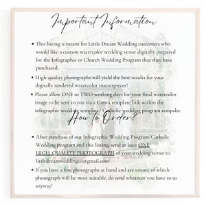 Custom Digital Watercolor Venue Painting Infographic/Catholic Wedding Program, Watercolor Wedding Venue Illustration, Bespoke Wedding Venue image 2