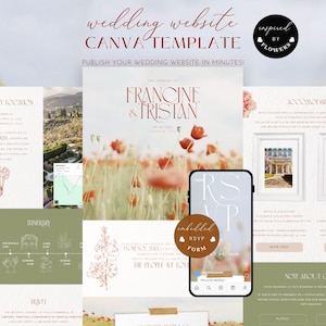 Op de afbeelding: Een Canva-sjabloon voor een trouwwebsite met de tekst "wedding website CANVA TEMPLATE" en "PUBLISH YOUR WEDDING WEBSITE IN MINUTES!". Het ontwerp bevat een telefoonmodel met een RSVP-formulier en bloemaccenten.