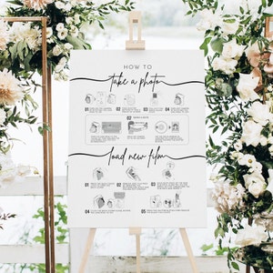 May include: A white sign with black text and illustrations showing how to take a photo and load new film on an instant camera. The sign says "How to take a photo" and "Load new film".