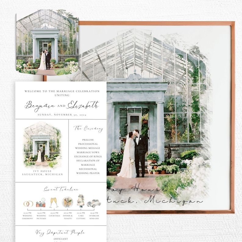 Custom Digital Watercolor Venue Painting Infographic/Catholic Wedding Program, Watercolor Wedding Venue Illustration, Bespoke Wedding Venue image 3