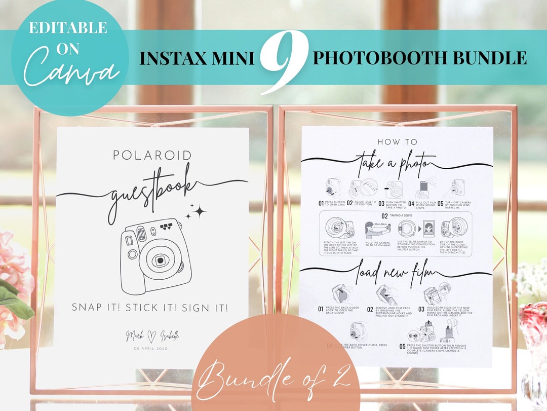 Editable Instax Mini 9 Instructions Photobooth Sign Bundle, Instant